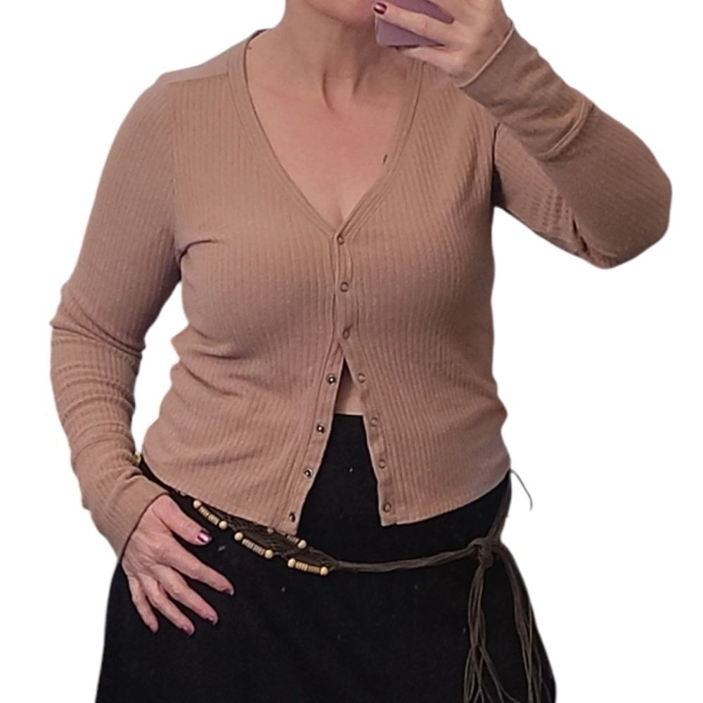 Abercrombie & Fitch Tan‎ Ribbed Button Down Front Fitted Viscose Cardigan Large